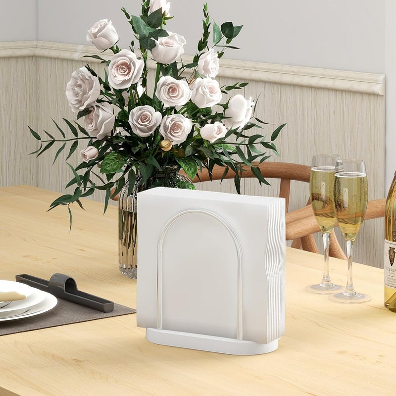 STWWO حامل مناديل للطاولة، من حاملات المناديل المعدنية لمطابخ المأكولات، حامل مناديل ورقية قائم لسطح الطاولة، قاعدة خشبية، لون أبيض وكروم - Image 2