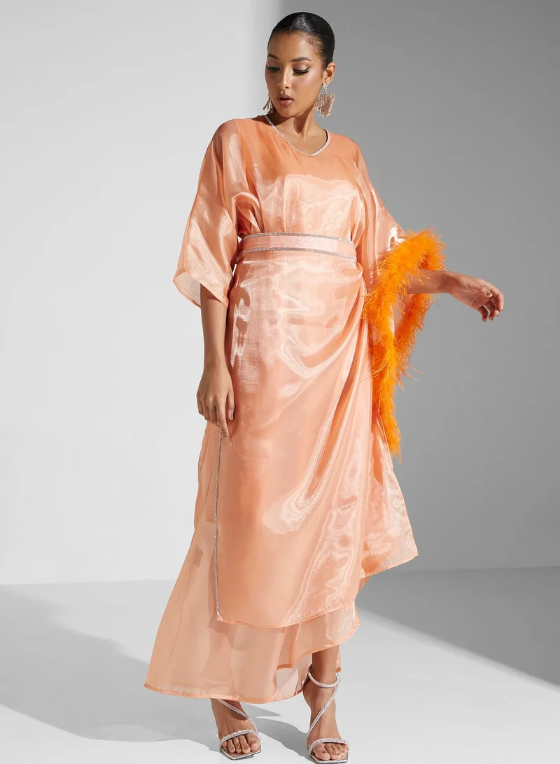 hayas closet Feather-Trim Sheath Dress