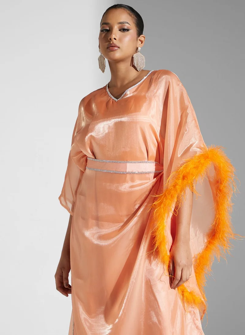 hayas closet Feather-Trim Sheath Dress