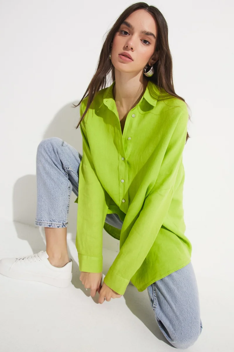 JUNE Women's Exclusive Boyfriend/Wide Pattern 100% Linen Shirt