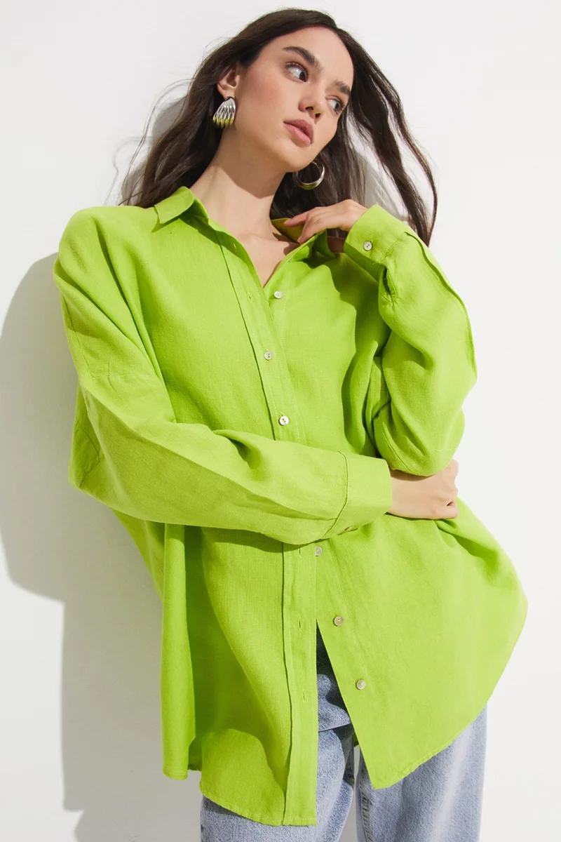 JUNE Women's Exclusive Boyfriend/Wide Pattern 100% Linen Shirt