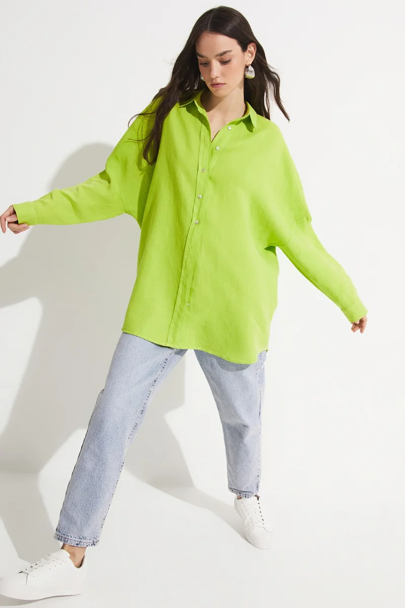 JUNE Women's Exclusive Boyfriend/Wide Pattern 100% Linen Shirt