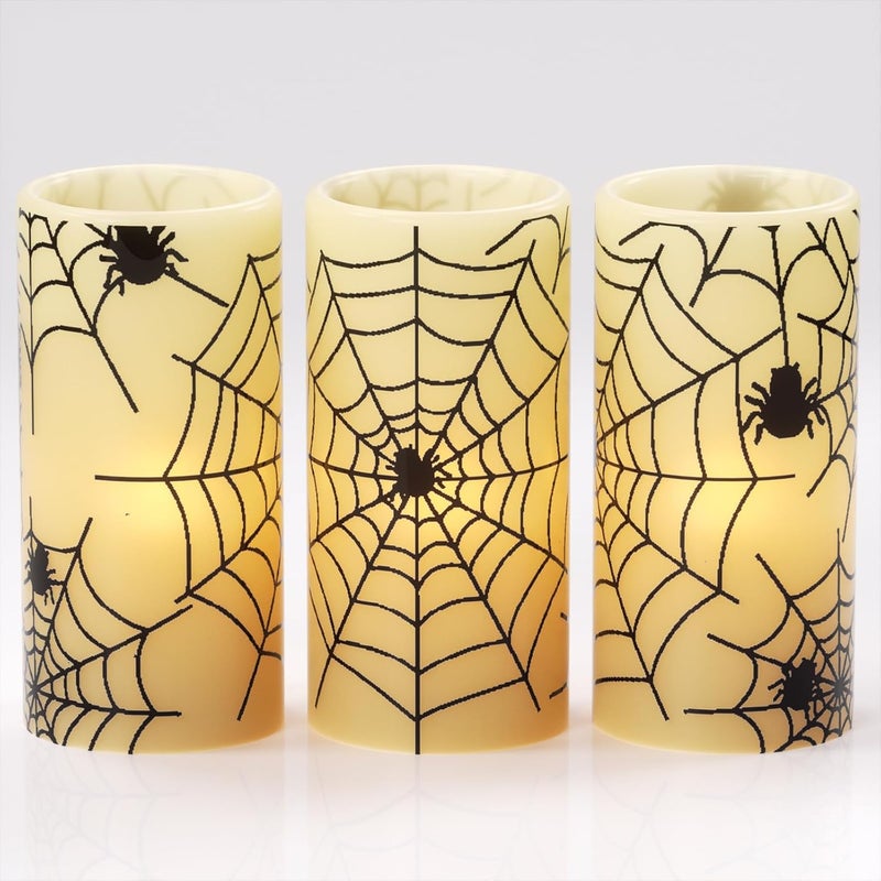 Eldnacele Halloween Flameless Candles with Timer,Battery Operated Spider Cobweb Decal Flickering Candles Real Wax LED Pillar Candle Set of 3 for Holiday Indoor Home Spooky Decor(3×6 Inches) - Image 1