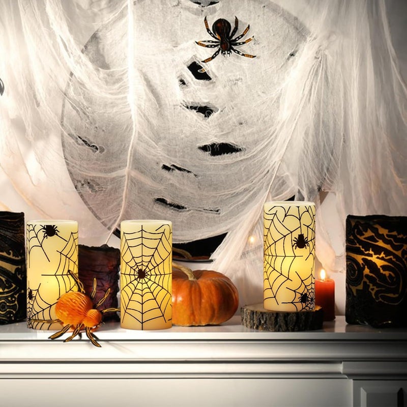 Eldnacele Halloween Flameless Candles with Timer,Battery Operated Spider Cobweb Decal Flickering Candles Real Wax LED Pillar Candle Set of 3 for Holiday Indoor Home Spooky Decor(3×6 Inches) - Image 3