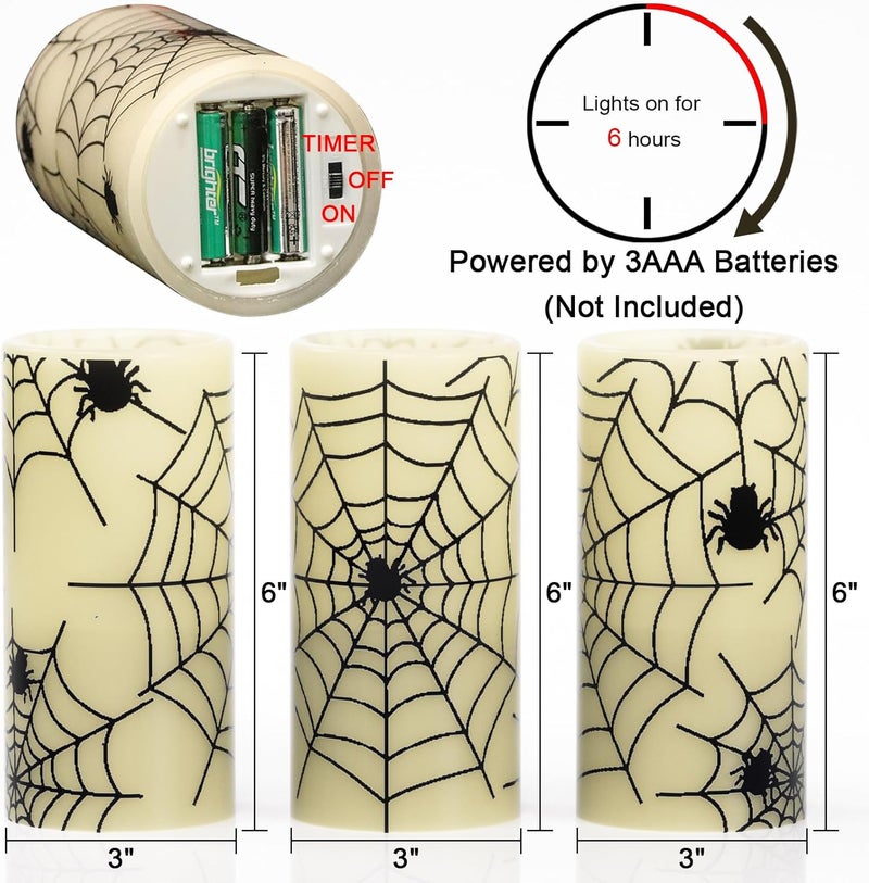 Eldnacele Halloween Flameless Candles with Timer,Battery Operated Spider Cobweb Decal Flickering Candles Real Wax LED Pillar Candle Set of 3 for Holiday Indoor Home Spooky Decor(3×6 Inches) - Image 2