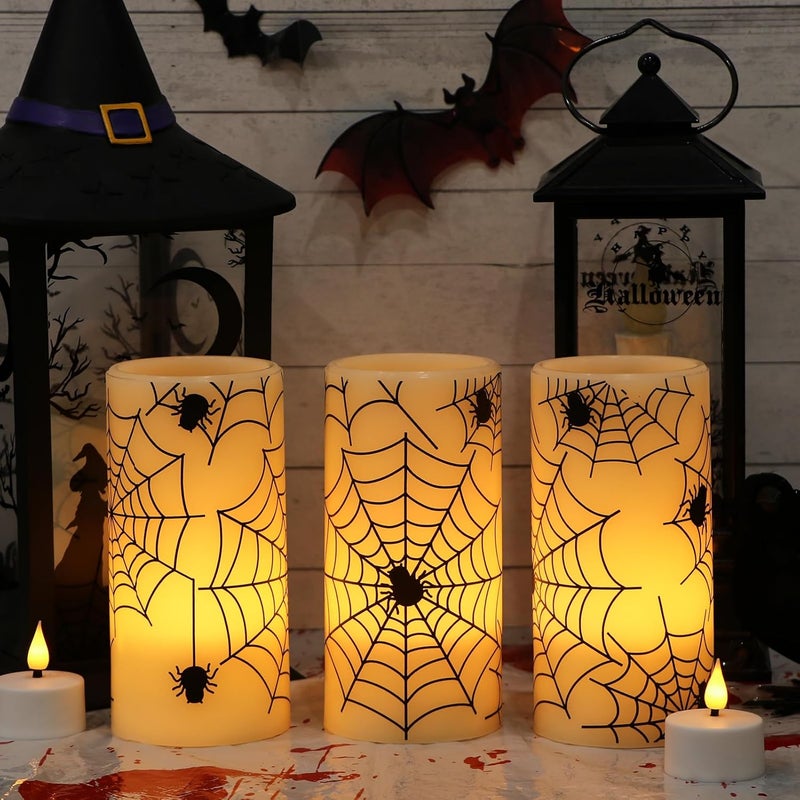 Eldnacele Halloween Flameless Candles with Timer,Battery Operated Spider Cobweb Decal Flickering Candles Real Wax LED Pillar Candle Set of 3 for Holiday Indoor Home Spooky Decor(3×6 Inches) - Image 4