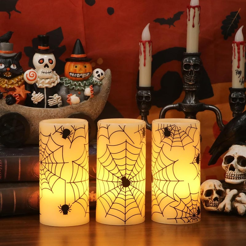 Eldnacele Halloween Flameless Candles with Timer,Battery Operated Spider Cobweb Decal Flickering Candles Real Wax LED Pillar Candle Set of 3 for Holiday Indoor Home Spooky Decor(3×6 Inches) - Image 5