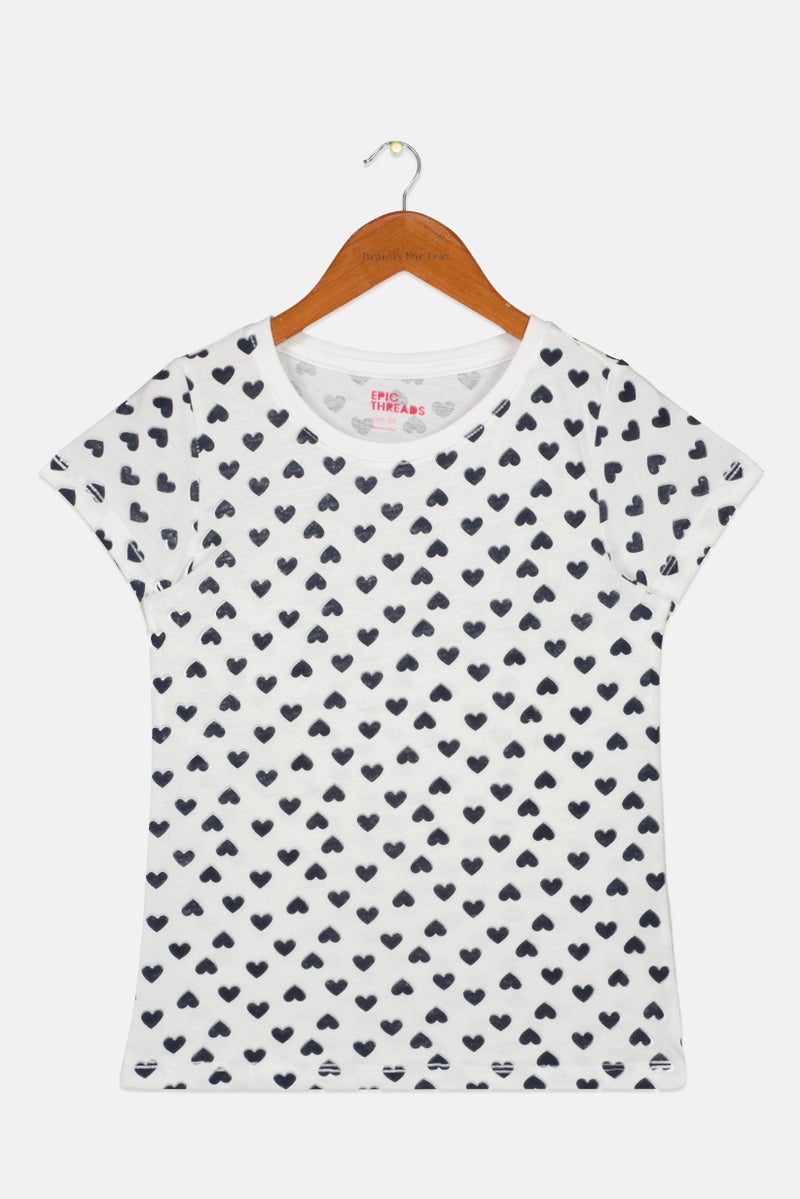 Kids Girl Crew Neck Short SLeeves Allover Printed T-Shirt, Black