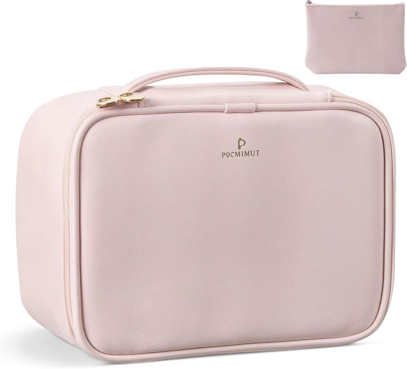 Pocmimut Makeup Bag,PU Leather Make Up Bag Cosmetic Bag,Large Makeup Bag with Brush Holder for Women(Pink) - Image 2