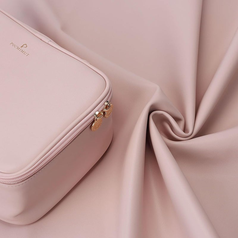 Pocmimut Makeup Bag,PU Leather Make Up Bag Cosmetic Bag,Large Makeup Bag with Brush Holder for Women(Pink) - Image 3