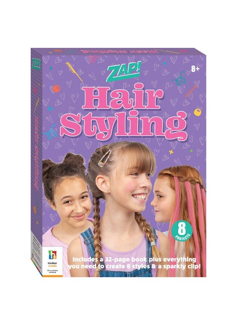 Hinkler Zap! Hair Styling Kit - DIY Hair Styling Set for Kids includes a tail comb, 2 sticks of hair chalk, hair clip, braiding tool, 160 stick-on hair-clip gems, metallic hair elastics, and 10 bobby pins, Fun Hairstyling Activities, Create Unique Hairdos, Gift for Young Stylists