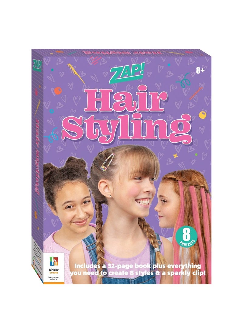 Hinkler - Hinkler Zap! Hair Styling Kit - DIY Hair Styling Set for Kids includes a tail comb, 2 sticks of hair chalk, hair clip, braiding tool, 160 stick-on hair-clip gems, metallic hair elastics, and 10 bobby pins, Fun Hairstyling Activities, Create Unique Hairdos, Gift for Young Stylists - Image 1