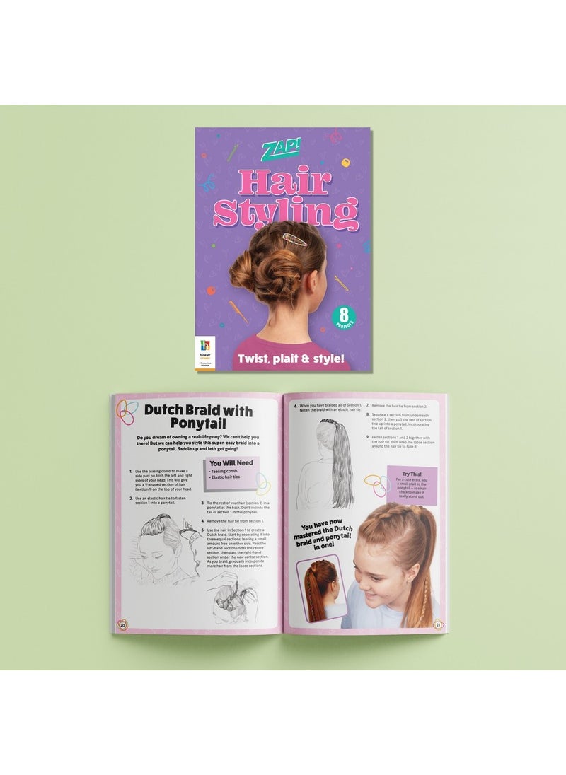 Hinkler - Hinkler Zap! Hair Styling Kit - DIY Hair Styling Set for Kids includes a tail comb, 2 sticks of hair chalk, hair clip, braiding tool, 160 stick-on hair-clip gems, metallic hair elastics, and 10 bobby pins, Fun Hairstyling Activities, Create Unique Hairdos, Gift for Young Stylists - Image 1