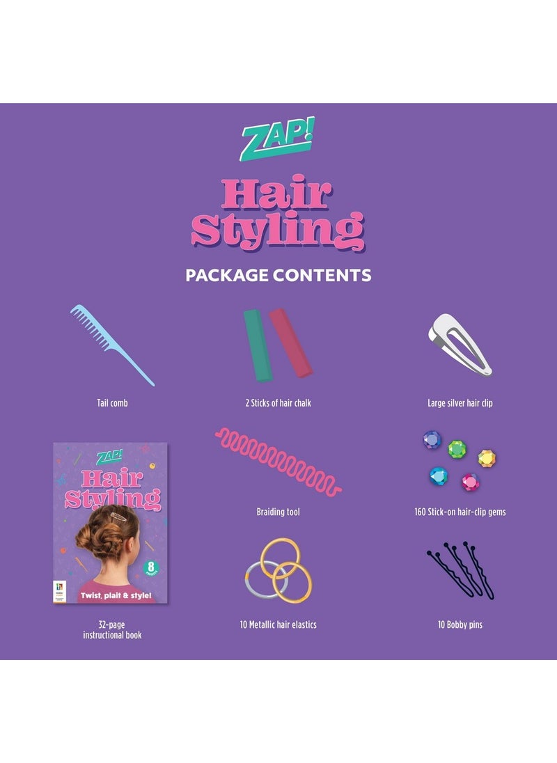 Hinkler - Hinkler Zap! Hair Styling Kit - DIY Hair Styling Set for Kids includes a tail comb, 2 sticks of hair chalk, hair clip, braiding tool, 160 stick-on hair-clip gems, metallic hair elastics, and 10 bobby pins, Fun Hairstyling Activities, Create Unique Hairdos, Gift for Young Stylists - Image 1