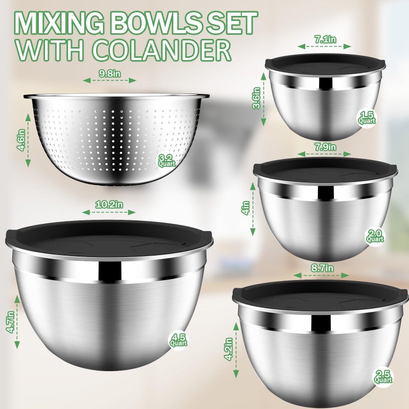 DUTZUN Mixing Bowls with Lids Set, Stainless Steel Mixing Bowls with Colander, Strainer with Mixing Bowl Set, Serving Bowl Kitchen Gift, Size 4.5, 2.5, 2, 1.5QT - Black - Image 2