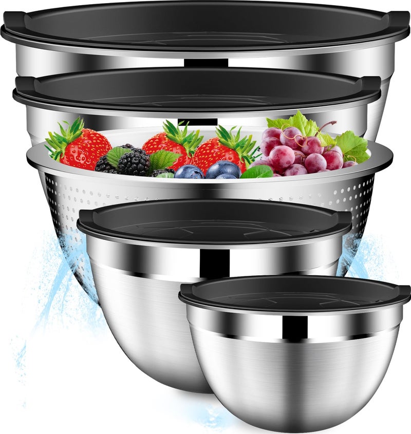 DUTZUN Mixing Bowls with Lids Set, Stainless Steel Mixing Bowls with Colander, Strainer with Mixing Bowl Set, Serving Bowl Kitchen Gift, Size 4.5, 2.5, 2, 1.5QT - Black - Image 1