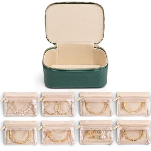 VLANDO Jewelry Travel CaseTravel Jewelry Organizer with Clear Velvet Jewelry Bags 8Pcs Zipper Pouch for Women Girl GiftGreen - Image 1