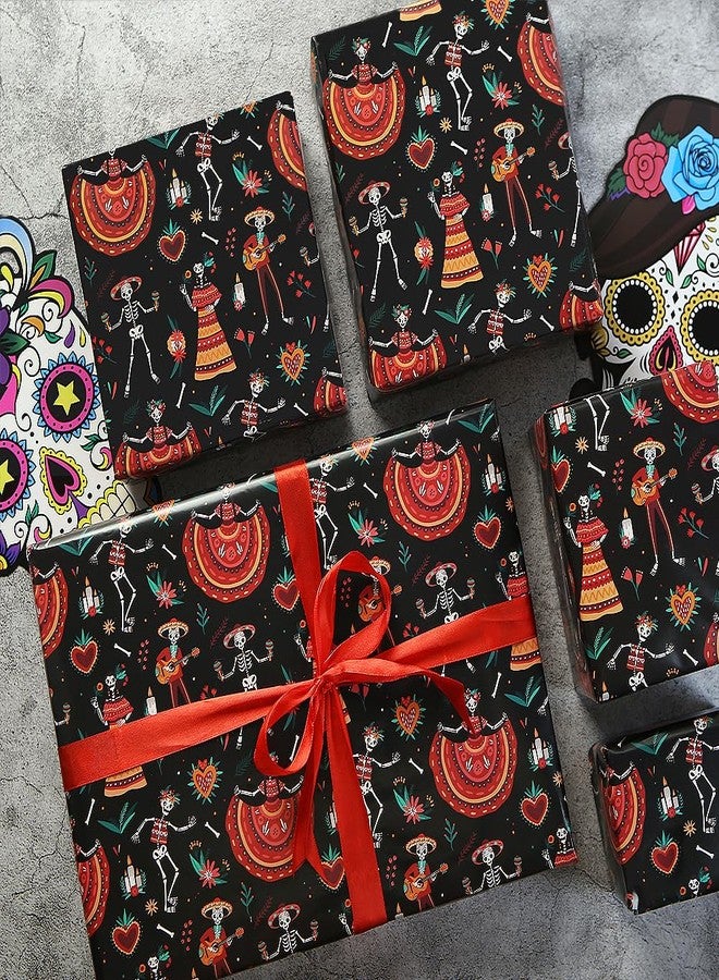 Boerni Day of the Dead Colourful Horror Skull Roses Mexican Spooky Design Wrapping Paper Set of 4 Folded Flat Sheets (27.5 X 19.5 inches per Sheet: 15 sq. ft. ttl. Dia de los Muertos, Halloween & Xmas Holiday Party DIY Crafts Presents Gift Wrap - Image 5