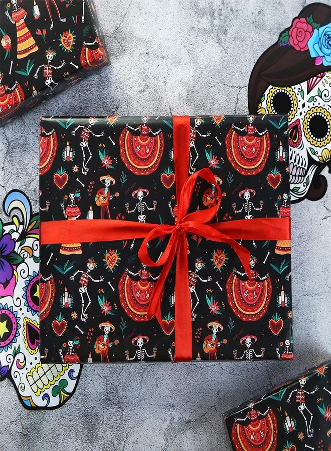Boerni Day of the Dead Colourful Horror Skull Roses Mexican Spooky Design Wrapping Paper Set of 4 Folded Flat Sheets (27.5 X 19.5 inches per Sheet: 15 sq. ft. ttl. Dia de los Muertos, Halloween & Xmas Holiday Party DIY Crafts Presents Gift Wrap - Image 4