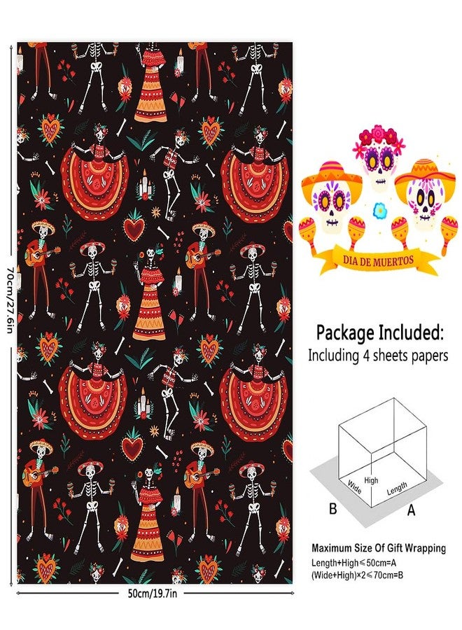 Boerni Day of the Dead Colourful Horror Skull Roses Mexican Spooky Design Wrapping Paper Set of 4 Folded Flat Sheets (27.5 X 19.5 inches per Sheet: 15 sq. ft. ttl. Dia de los Muertos, Halloween & Xmas Holiday Party DIY Crafts Presents Gift Wrap - Image 2