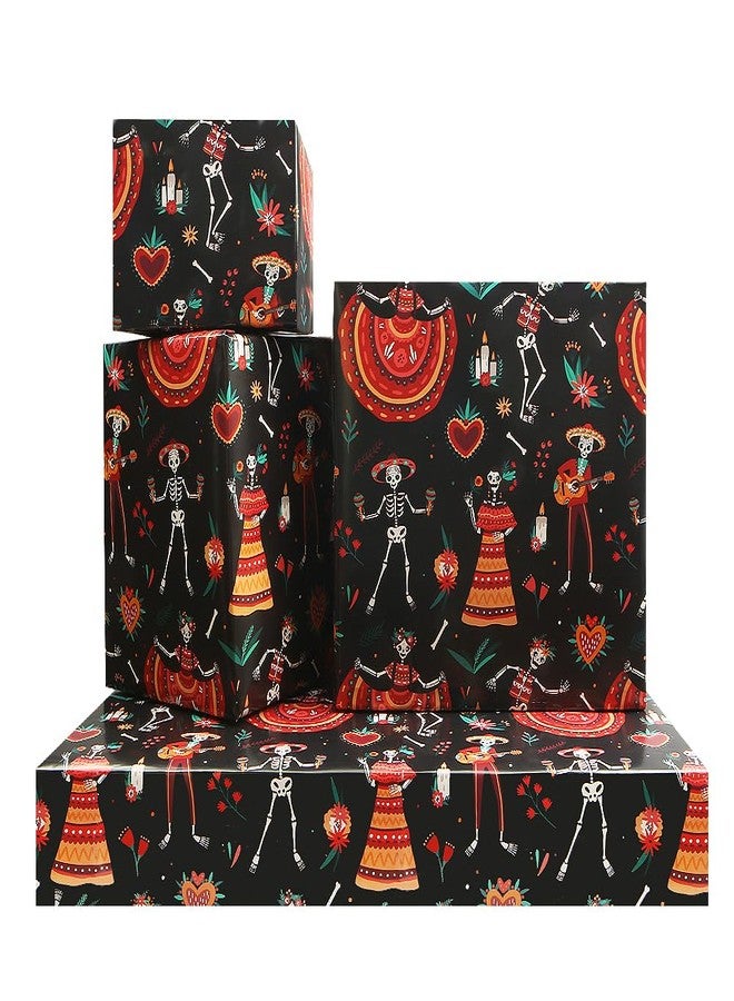 Boerni Day of the Dead Colourful Horror Skull Roses Mexican Spooky Design Wrapping Paper Set of 4 Folded Flat Sheets (27.5 X 19.5 inches per Sheet: 15 sq. ft. ttl. Dia de los Muertos, Halloween & Xmas Holiday Party DIY Crafts Presents Gift Wrap - Image 1