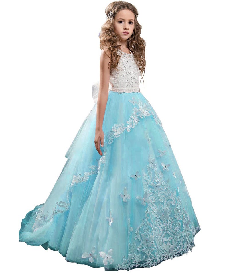 Flower Girl Dress Kids Lace Beaded Pageant Ball Gowns Size 12 Blue