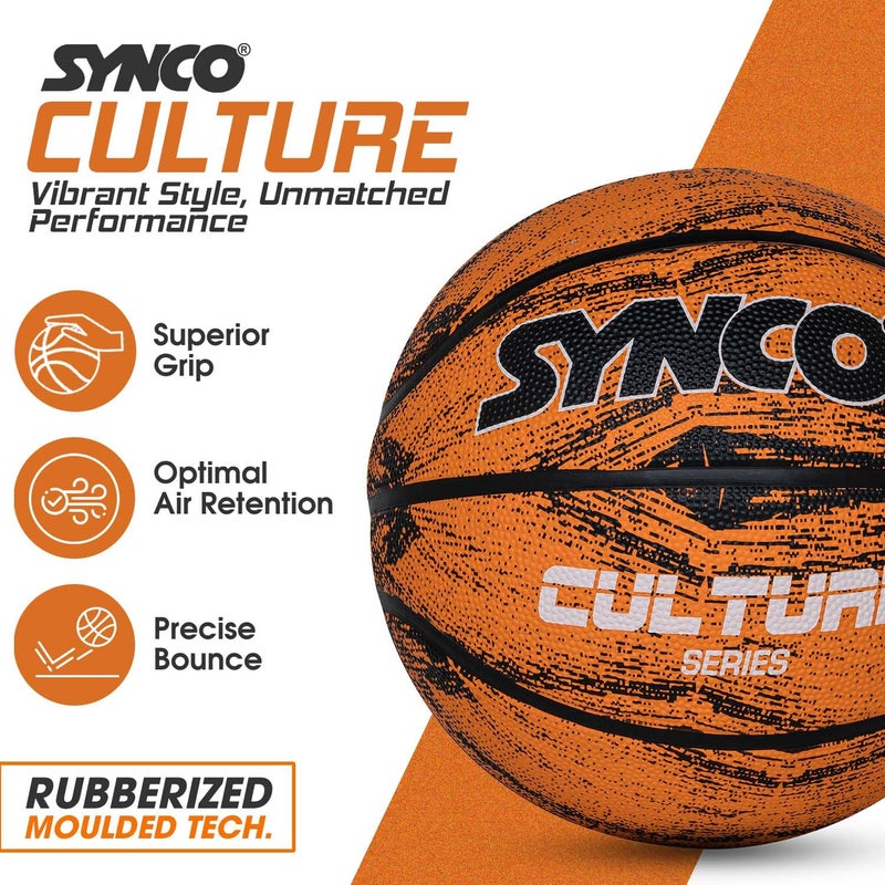 synco Culture Basketball Size-7 | Men Official Size | Moulded Technology | 8 Panel | Suitable for Indoor & Outdoor Games (Orange Black) - Image 3