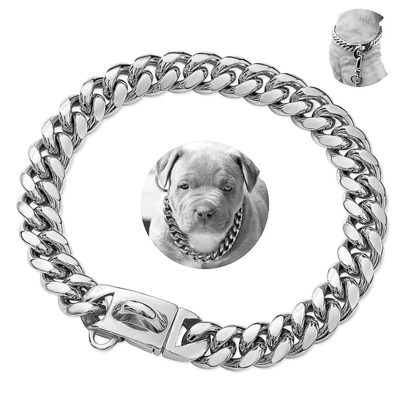 BAOBOTE Gold Dog Chain Collar Walking Metal Chain Collar with Design Secure Buckle,14MM Heavy Duty Cuban Link Chain Training Collar for Small Medium Large Dogs(12" Silver) - Image 4