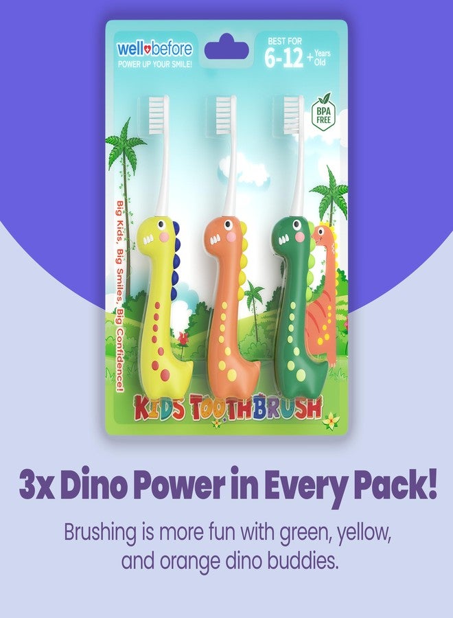 Well Before Dinosaur Kids Toothbrush, 0.12mm Soft Filament Toddler Toothbrush for Kids 6-12 Make Brushing Fun and Protect Kids Delicate Teeth (Pack of 3) - Image 2