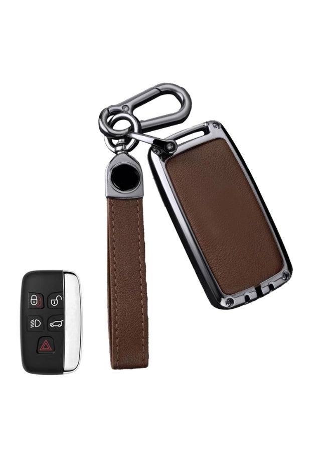 NOSKIN Metal Key Fob Cover for Land Rover Range Rover, with Leather Keychain, Brown (Model-A) - Image 1