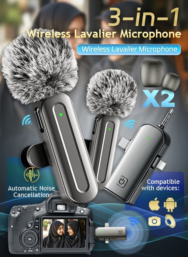 3-in-1 Wireless Lavalier Microphone for iPhone, iPad, Android, Camera Devices–Mini Lapel Wireless Mic with 2 wireless microphone for Android & Apple & 3.5mm Compatibility, Plug-Play 2.4G Ultra-Low Delay Noise Reduction Chip for Video Recording Interview Podcast Vlog YouTube Tiktok - Image 1