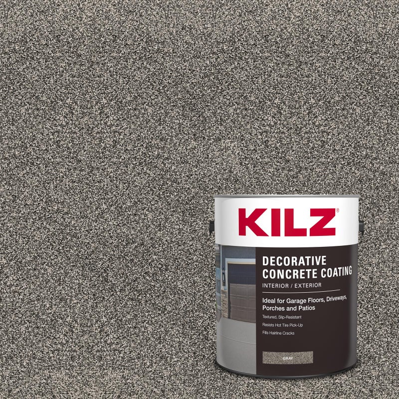KILZ Decorative Concrete Coating, Slip-Resistant Gray Paint with Stone-Like Speckled Finish, Interior/Exterior Use on Garages, Patios, Driveways, Pool Decks & Walkways, 1 Gallon - Image 1