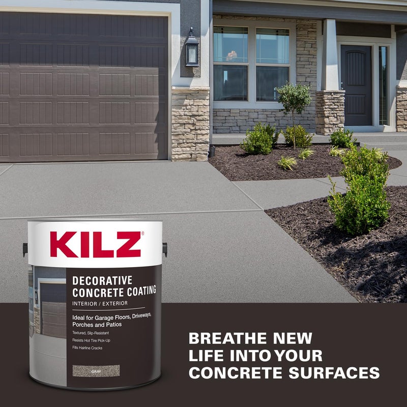 KILZ Decorative Concrete Coating, Slip-Resistant Gray Paint with Stone-Like Speckled Finish, Interior/Exterior Use on Garages, Patios, Driveways, Pool Decks & Walkways, 1 Gallon - Image 2