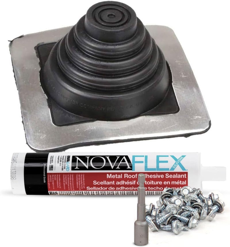 Fasteners Plus Store #1 Square EPDM Metal Roof Pipe Flashing Boot Kit - Fits 1/4" - 2-3/4" Pipe OD - Includes Flashing, NovaFlex Sealant & Roofing Stitch Screws - Black (Made in USA) - Image 1