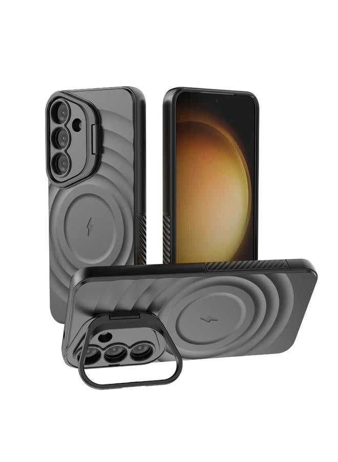 جراب هاتف MagSafe مموج بإطار عدسة لهاتف Samsung Galaxy S25 5G (أسود)