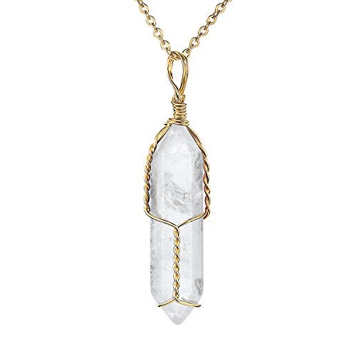 JADENOVA Full Wire Wrapped Energy Healing Crystal Gemstone Pendant Necklace 18 Inches Stainless Steel Chain（Natural Clear White Quartz） - Image 1