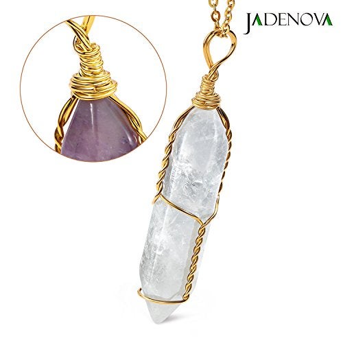 JADENOVA Full Wire Wrapped Energy Healing Crystal Gemstone Pendant Necklace 18 Inches Stainless Steel Chain（Natural Clear White Quartz） - Image 2