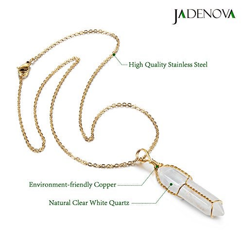 JADENOVA Full Wire Wrapped Energy Healing Crystal Gemstone Pendant Necklace 18 Inches Stainless Steel Chain（Natural Clear White Quartz） - Image 3