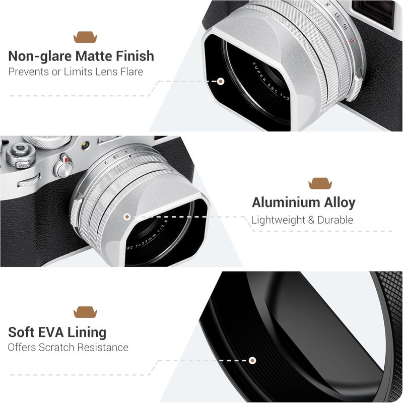 JJC غطاء عدسة لكاميرات فوجي فيلم X100VI X100V X100F، غطاء عدسة معدني مربع مع حلقة محول فلتر 49 مم وغطاء، يحل محل Fuji LH-X100، يمنع الوهج ويقضي على التظليل (فضي) - Image 5