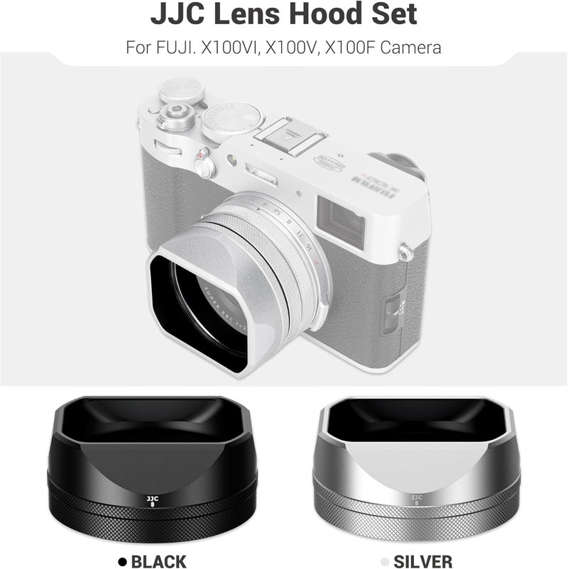 JJC غطاء عدسة لكاميرات فوجي فيلم X100VI X100V X100F، غطاء عدسة معدني مربع مع حلقة محول فلتر 49 مم وغطاء، يحل محل Fuji LH-X100، يمنع الوهج ويقضي على التظليل (فضي) - Image 2