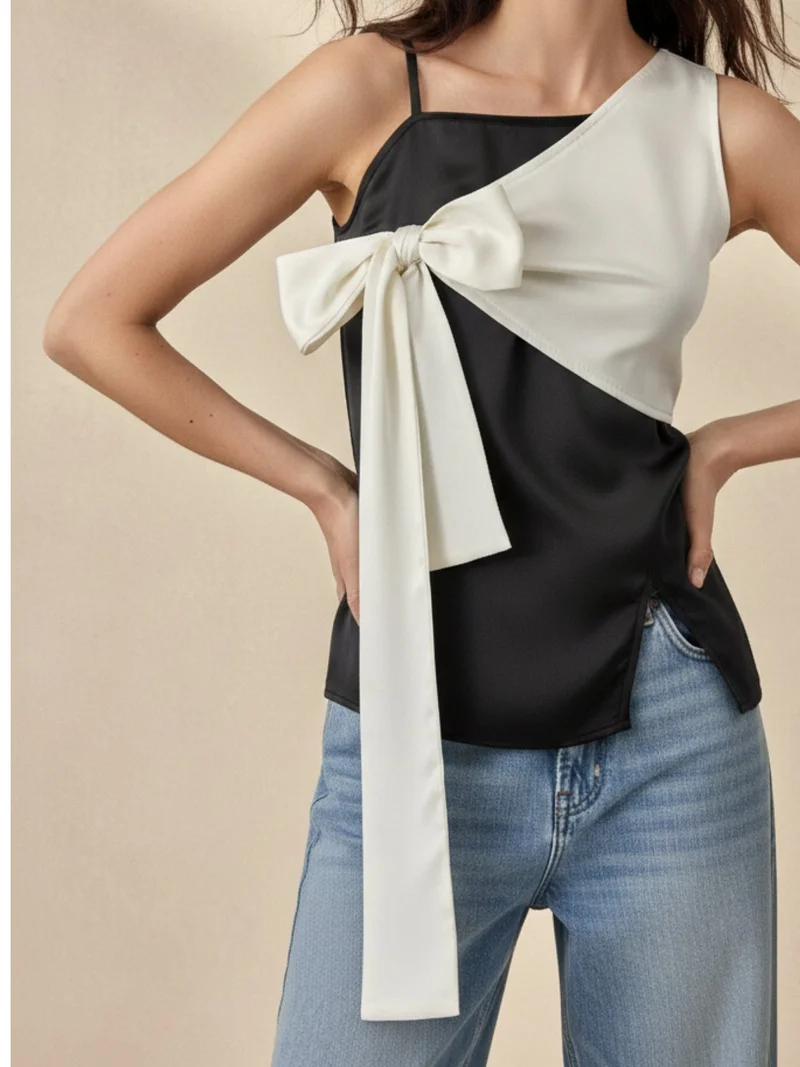 Outzidr  Black Fitted Top With Contrast Tie Up Bow Detail for Women | Best Price UAE