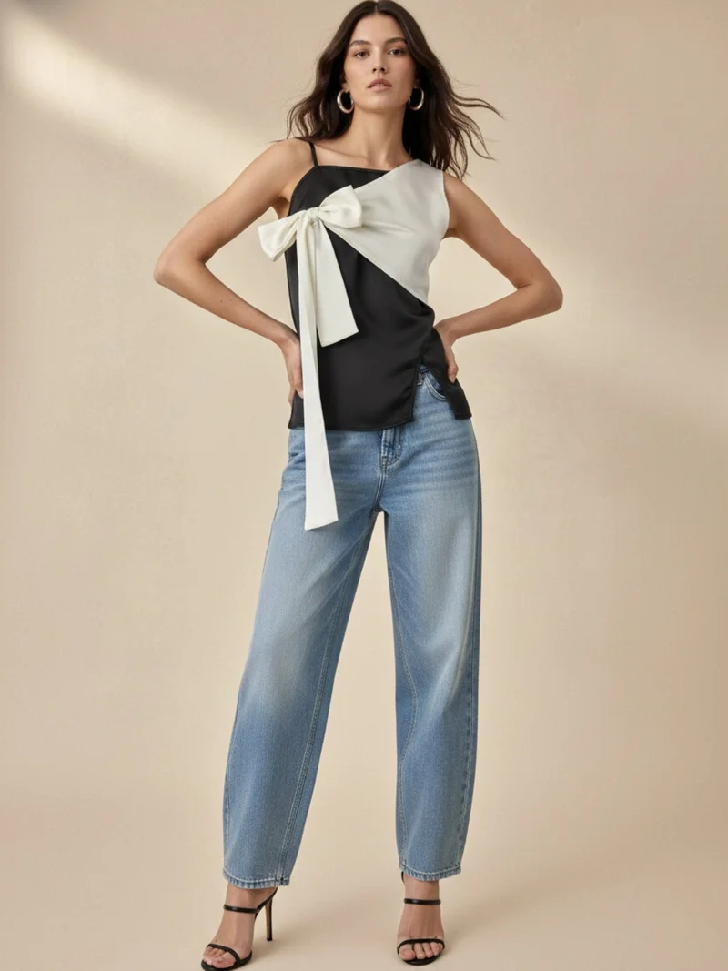 Outzidr  Black Fitted Top With Contrast Tie Up Bow Detail for Women | Best Price UAE
