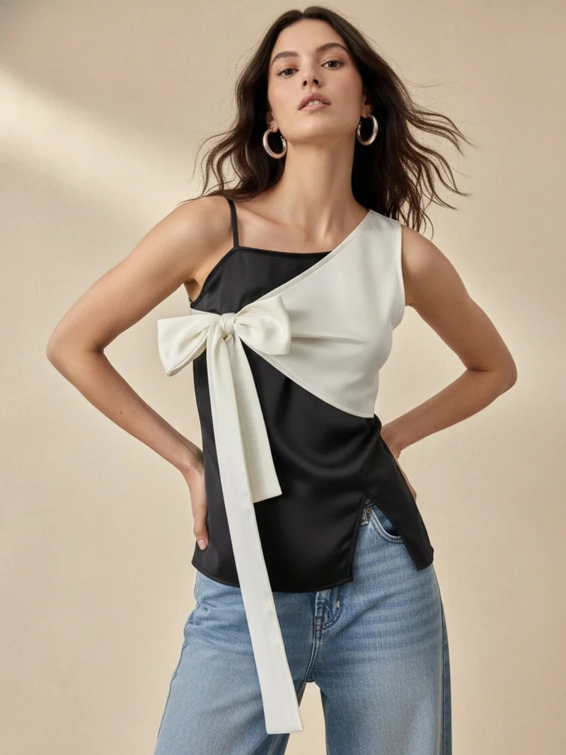 أوجيدر Black Fitted Top With Contrast Tie Up Bow Detail