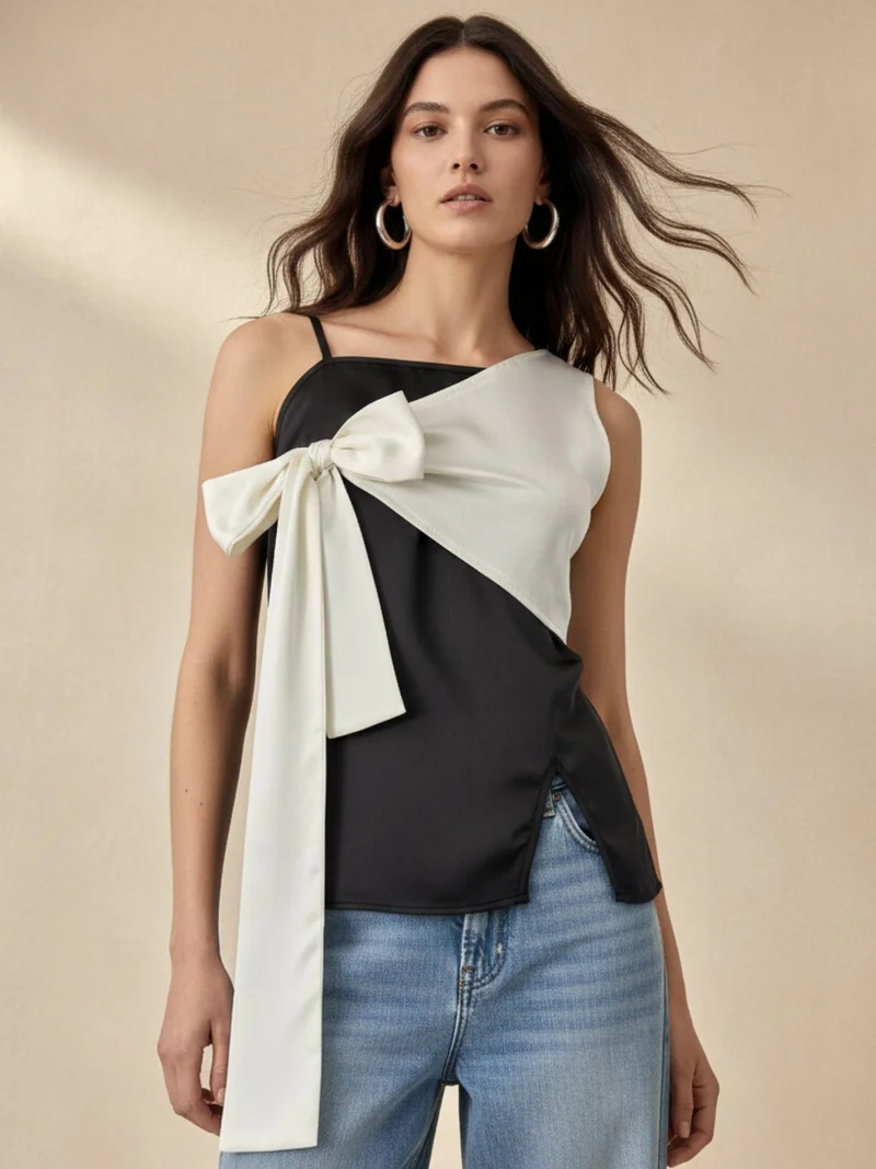أوجيدر Black Fitted Top With Contrast Tie Up Bow Detail