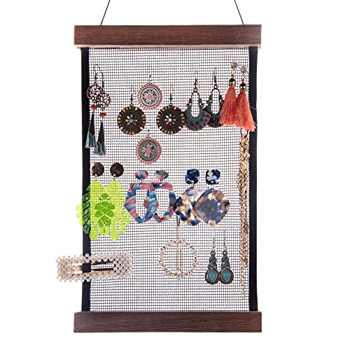 FEQO Mesh Earring Organizer Hanging Earrings Holder Wall Mounted Earring Hanging Jewelry Holder Organizer with 20 Pieces S Shape Black Hooks (12 x 7.2 inch) - Image 1