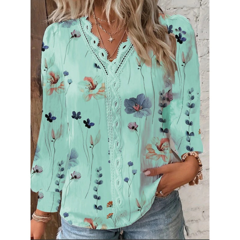 Women'S Independent Station V-Neck Lace Digital Printing Long Sleeve T-Shirt - Image 1