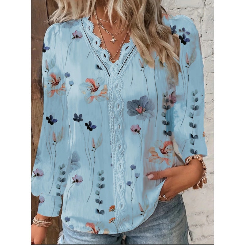 Women'S Independent Station V-Neck Lace Digital Printing Long Sleeve T-Shirt - Image 5