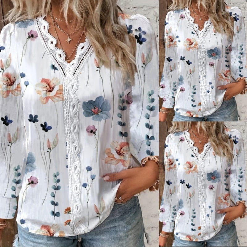 Women'S Independent Station V-Neck Lace Digital Printing Long Sleeve T-Shirt - Image 2