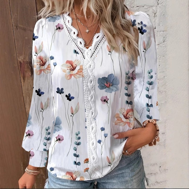 Women'S Independent Station V-Neck Lace Digital Printing Long Sleeve T-Shirt - Image 4