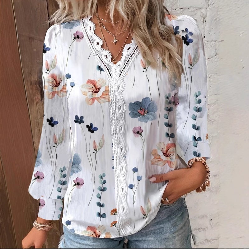 Women'S Independent Station V-Neck Lace Digital Printing Long Sleeve T-Shirt - Image 3